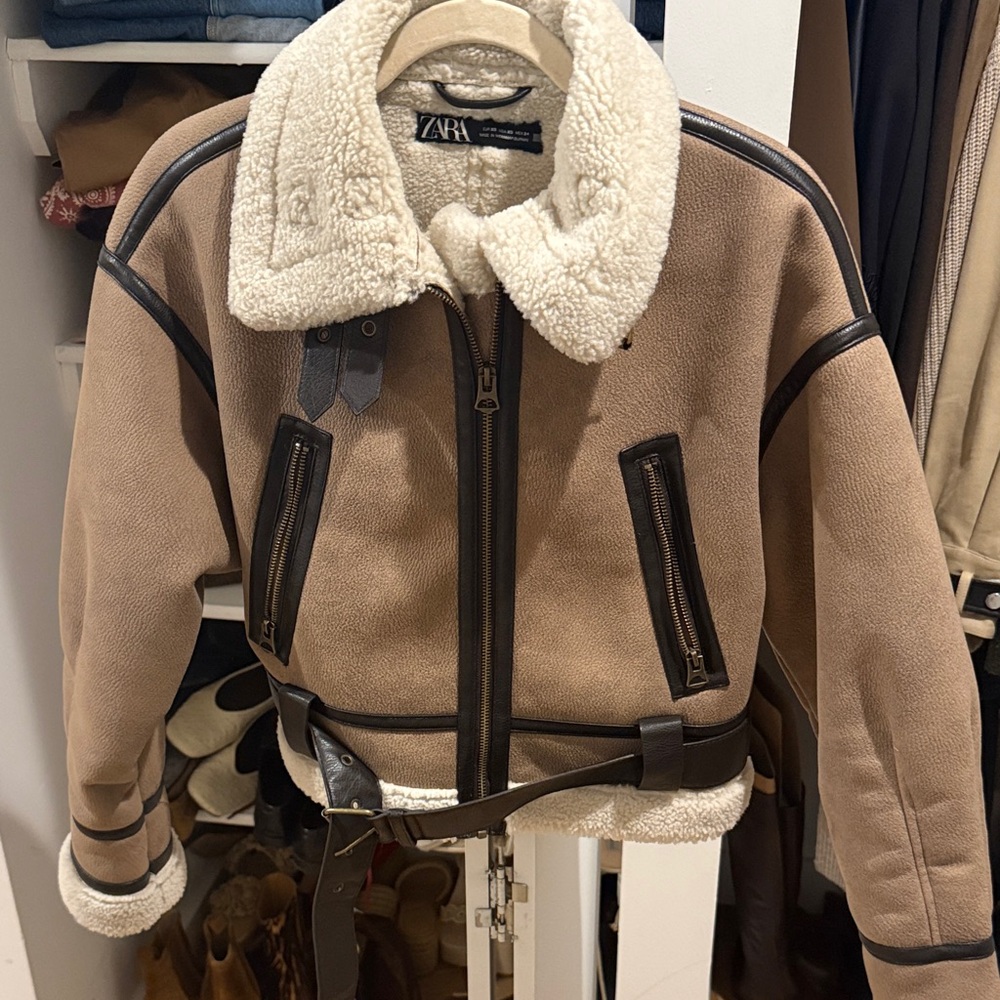 Zara Tan and Cream Shearling Jacket